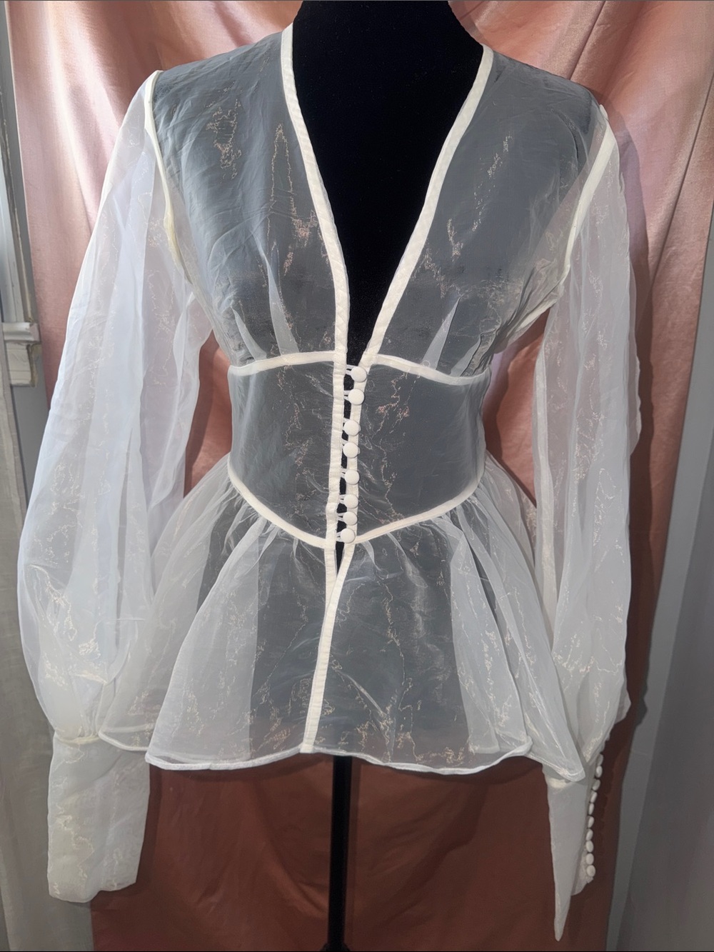 AKIRA Sheer White Organza Corset-Front Peplum Blouse